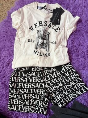 Versace White Graphic Milano Tee with Black Logo Shorts